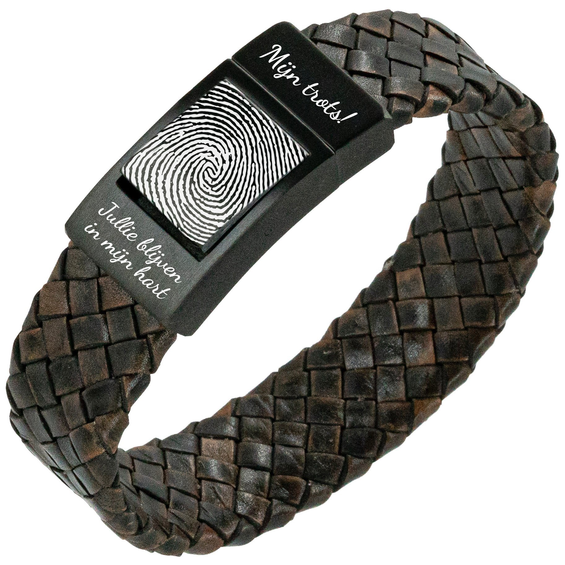 Fingerabdruck-Armband – <b>Braunes geflochtenes</b> Leder mit schwarzem Glied